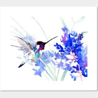 Flying Hummingbird anf Blue Flowers Posters and Art